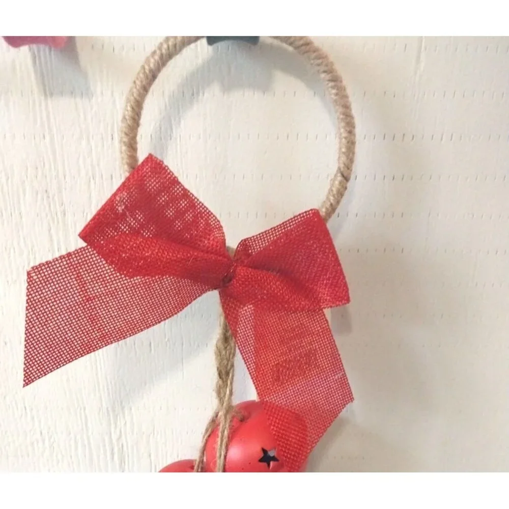 Farmhouse Holiday Door Hanger Doorknob Metal Jingle Bells Bow Jute 12” L